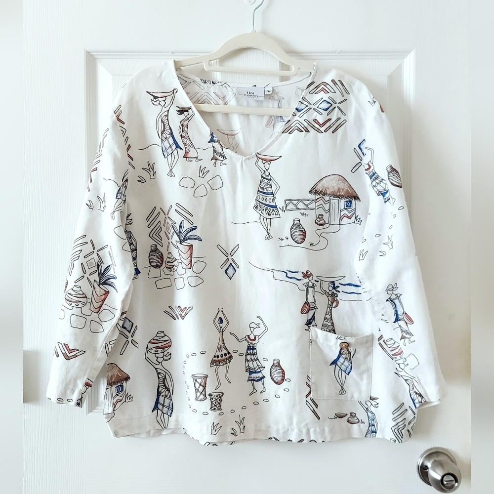 White Linen Blend Tribal Print Blouse, MADE IN USA